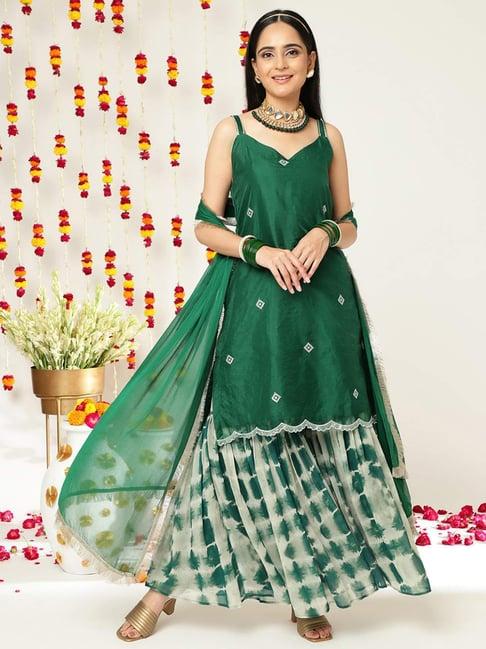 varanga green embroidered kurti sharara set with dupatta