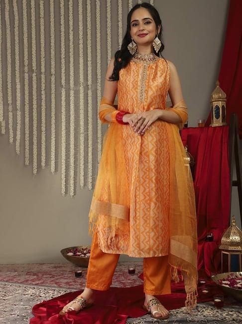 varanga orange printed kurta pant set with dupatta