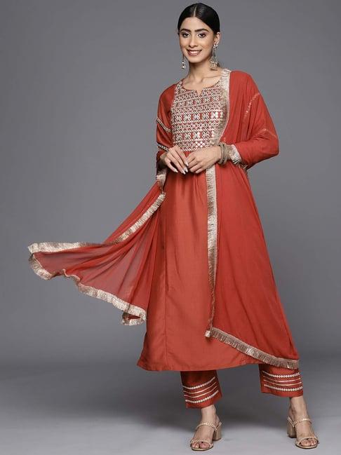 varanga rust embroidered kurta pant set with dupatta