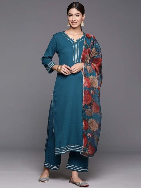 varanga blue kurta pant set with dupatta