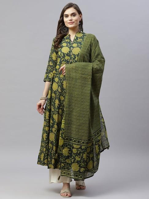 miravan green floral print anarkali kurta with dupatta