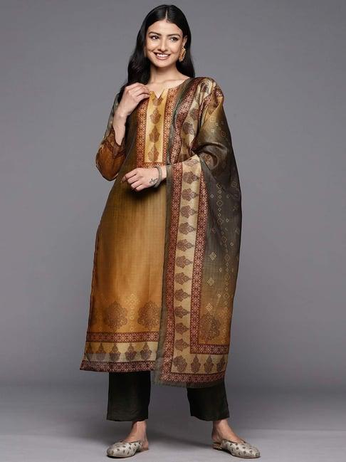 varanga brown & black printed kurta pant set with dupatta