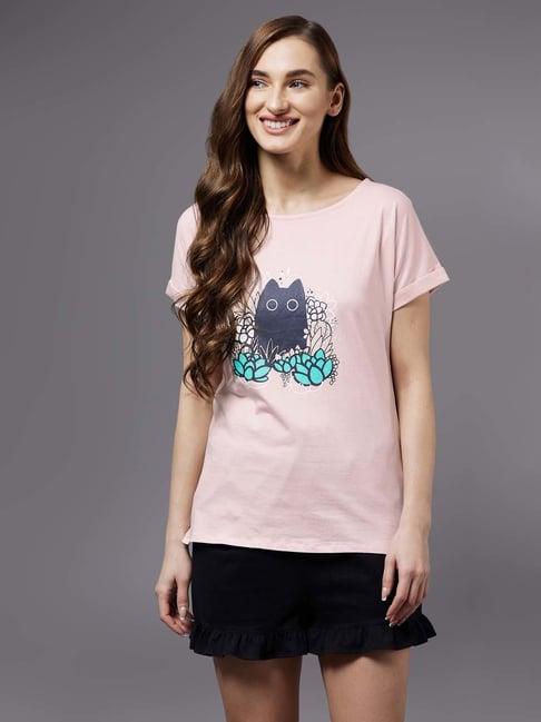 miss chase peach & black cotton printed t-shirt shorts set