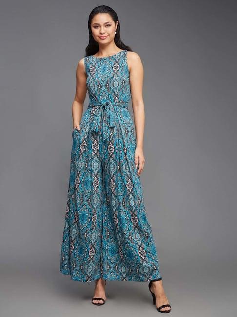 miss chase blue cotton printed jumpsuit