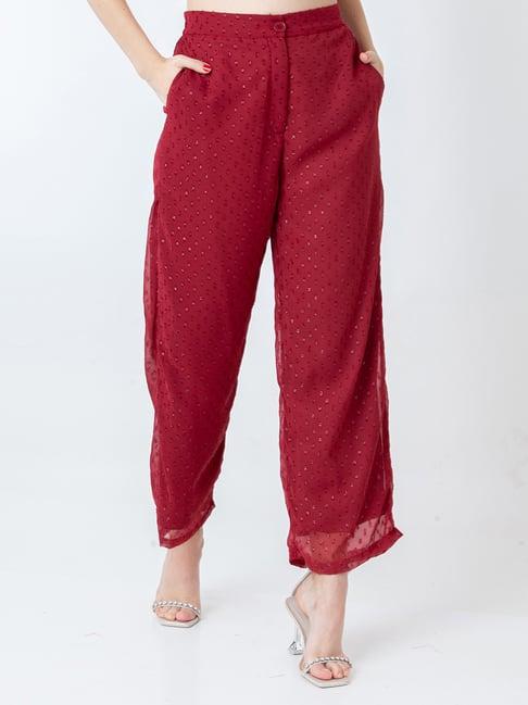 zink london maroon self pattern flared pants