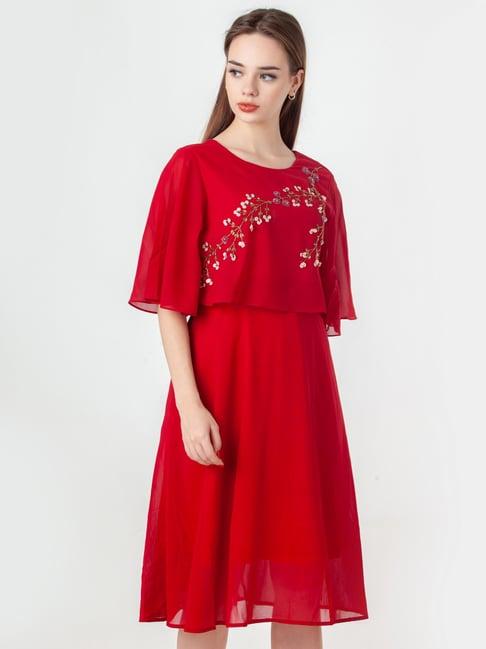 zink london red embroidered a-line dress