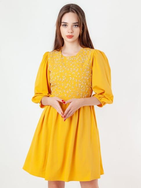 zink london yellow embellished a-line dress