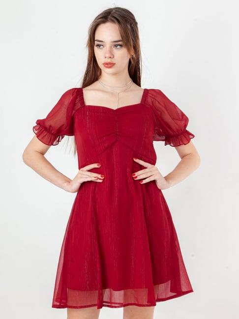 zink london maroon self pattern a-line dress