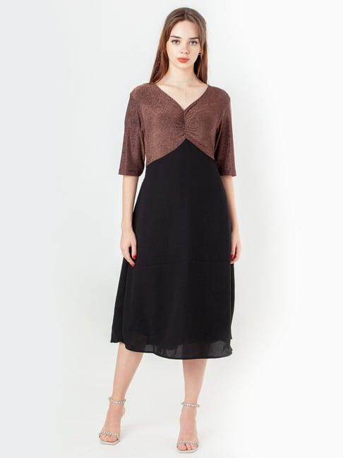 zink london brown & black self pattern a-line dress