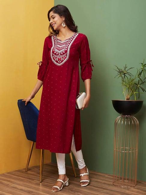 globus maroon embroidered straight kurta