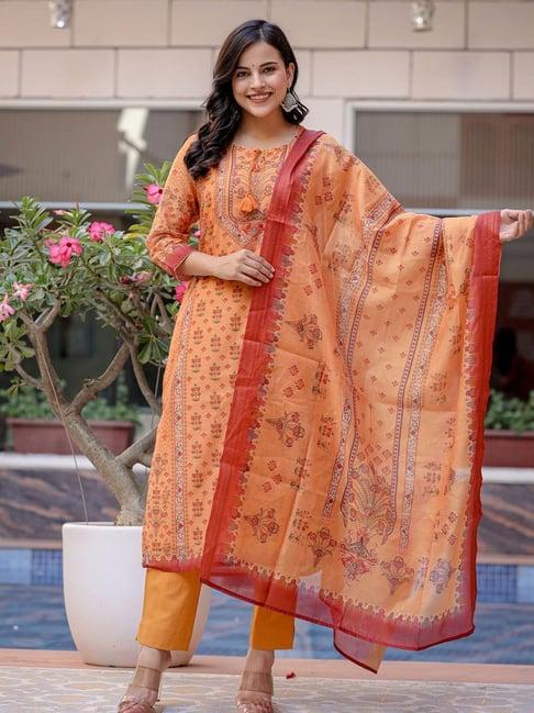 kaajh mustard chanderi floral print kurta with pant & dupatta