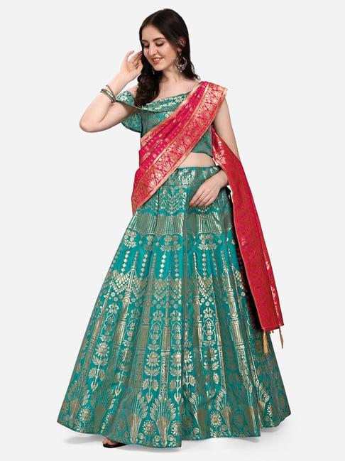 purvaja green printed stitched lehenga & unstitched blouse with dupatta