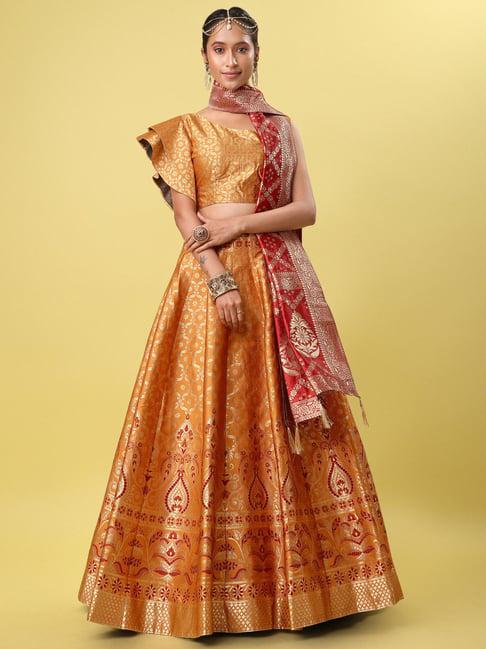 purvaja yellow printed stitched lehenga & unstitched blouse with dupatta