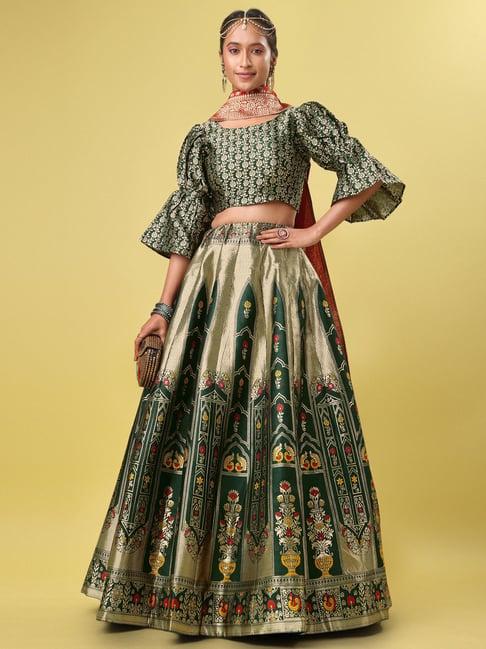 purvaja green printed stitched lehenga & unstitched blouse with dupatta