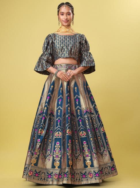 purvaja teal printed stitched lehenga & unstitched blouse with dupatta