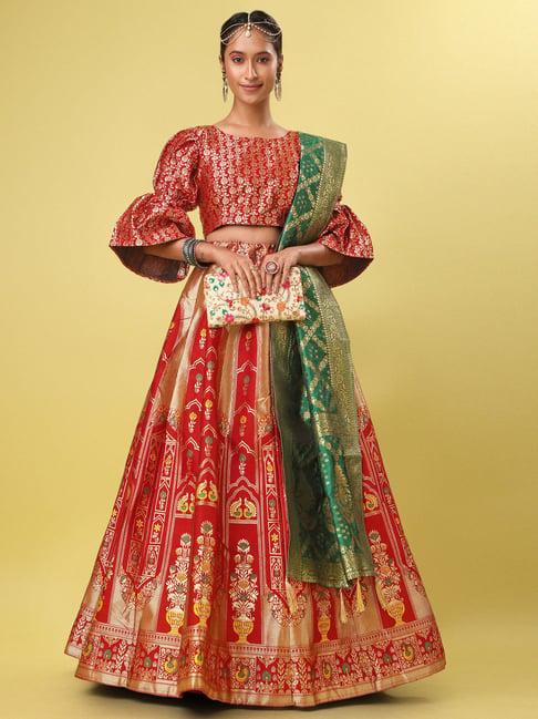 purvaja red printed stitched lehenga & unstitched blouse with dupatta