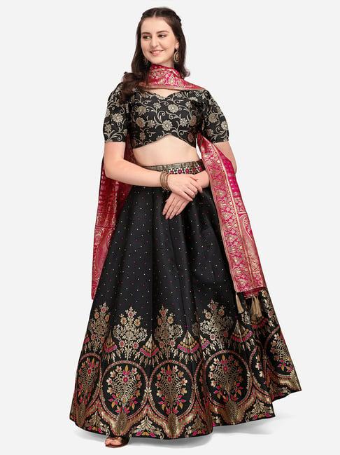 purvaja black & gold printed stitched lehenga & unstitched blouse with dupatta