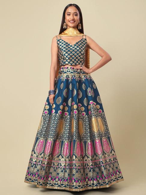 purvaja teal printed stitched lehenga & unstitched blouse with dupatta