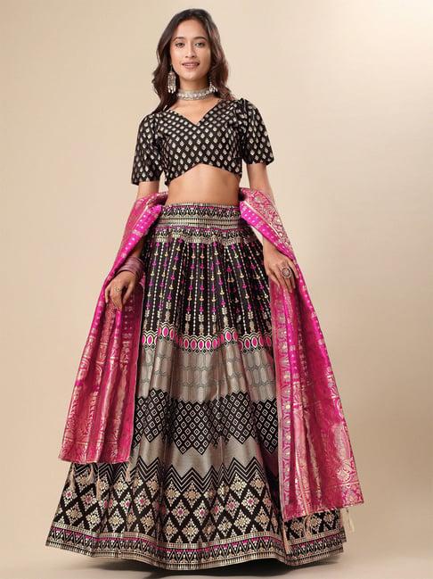 purvaja black & gold printed stitched lehenga & unstitched blouse with dupatta