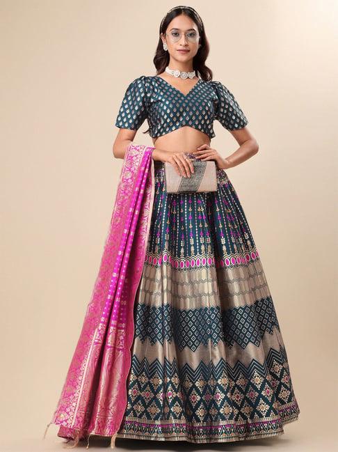 purvaja teal printed stitched lehenga & unstitched blouse with dupatta