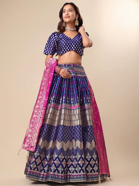 purvaja navy printed stitched lehenga & unstitched blouse with dupatta