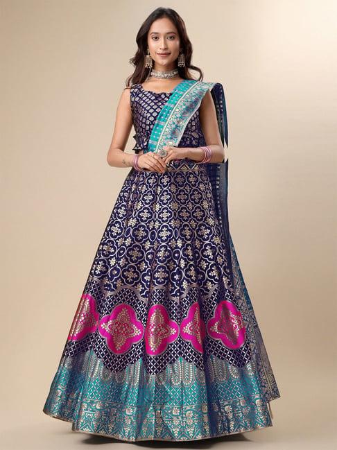 purvaja navy printed stitched lehenga & unstitched blouse with dupatta