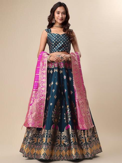 purvaja teal printed stitched lehenga & unstitched blouse with dupatta