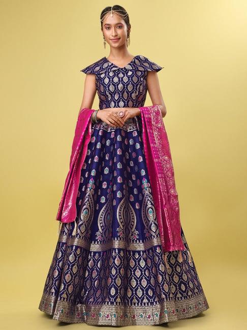 purvaja navy printed stitched lehenga & unstitched blouse with dupatta