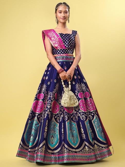 purvaja navy printed stitched lehenga & unstitched blouse with dupatta