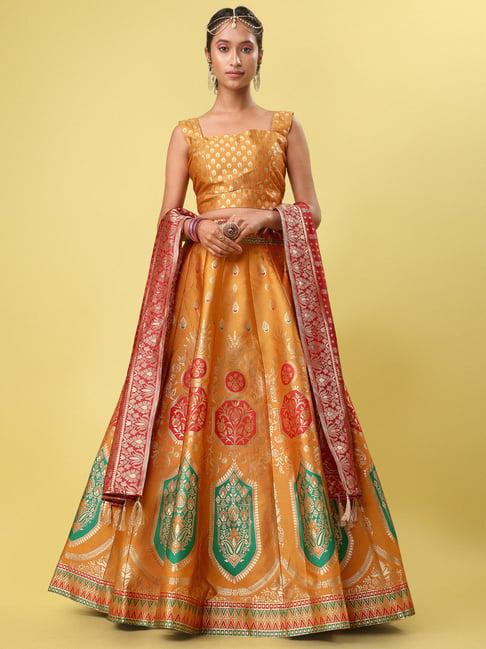 purvaja yellow printed stitched lehenga & unstitched blouse with dupatta