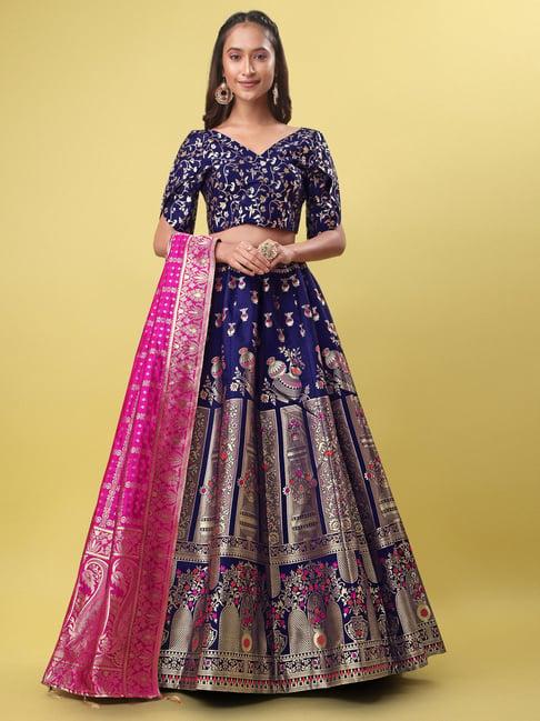 purvaja navy printed stitched lehenga & unstitched blouse with dupatta