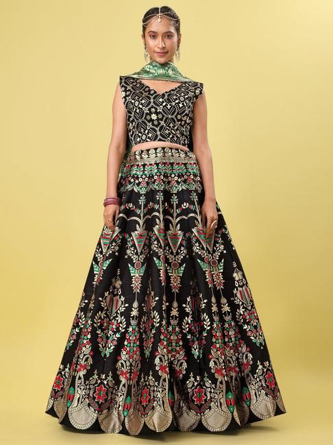 purvaja black & gold floral print stitched lehenga & unstitched blouse with dupatta