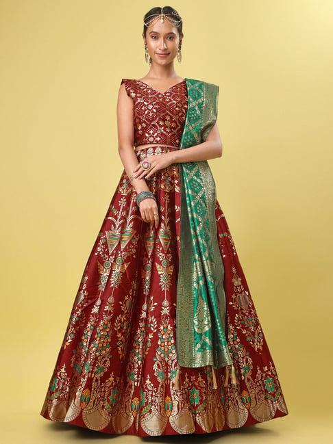 purvaja maroon floral print stitched lehenga & unstitched blouse with dupatta