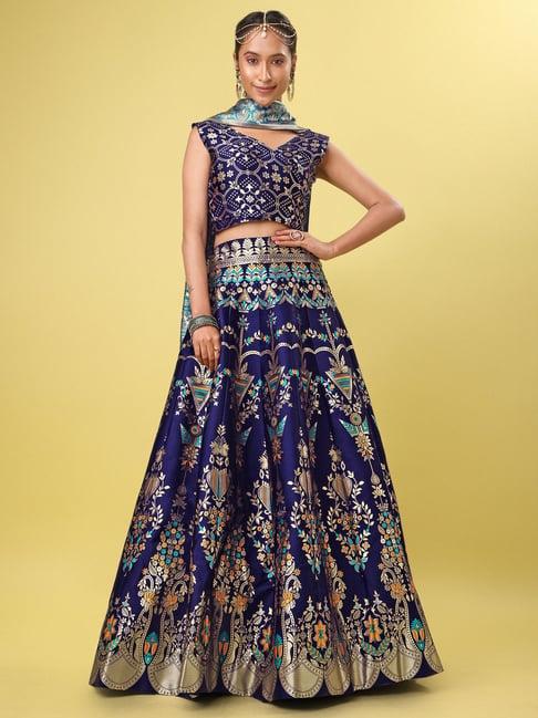 purvaja navy floral print stitched lehenga & unstitched blouse with dupatta