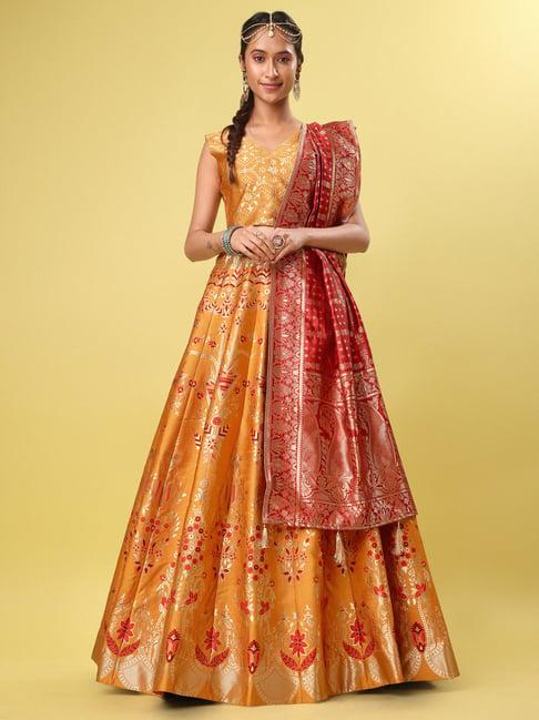 purvaja yellow floral print stitched lehenga & unstitched blouse with dupatta