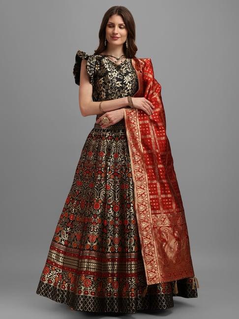 purvaja black & gold floral print stitched lehenga & unstitched blouse with dupatta