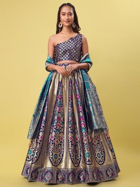 purvaja navy floral print stitched lehenga & unstitched blouse with dupatta