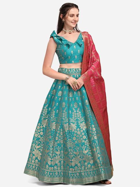 purvaja aqua floral print stitched lehenga & unstitched blouse with dupatta