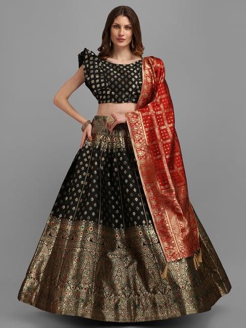 purvaja black & gold printed stitched lehenga & unstitched blouse with dupatta