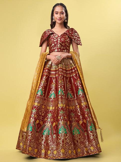 purvaja maroon floral print stitched lehenga & unstitched blouse with dupatta