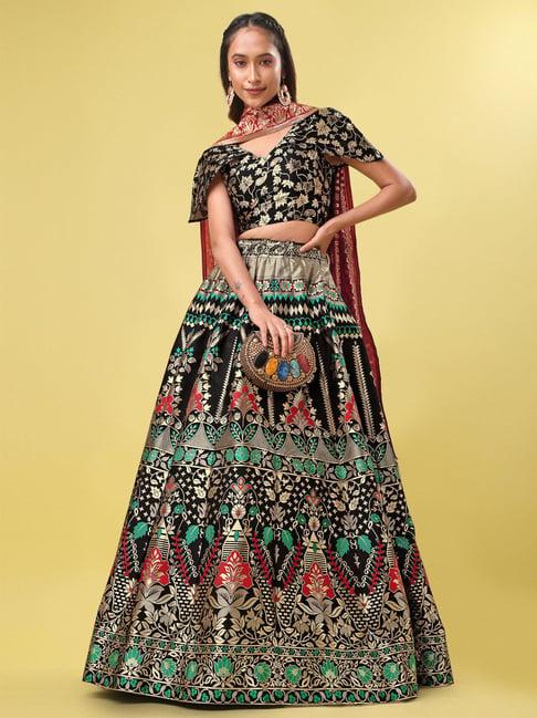 purvaja black & gold floral print stitched lehenga & unstitched blouse with dupatta