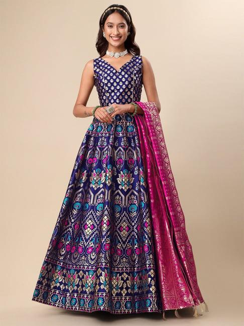 purvaja navy floral print stitched lehenga & unstitched blouse with dupatta