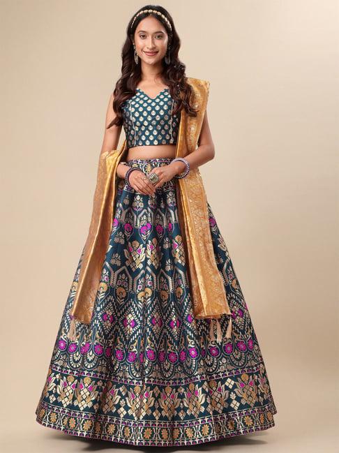 purvaja teal floral print stitched lehenga & unstitched blouse with dupatta