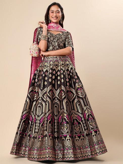 purvaja black & gold floral print stitched lehenga & unstitched blouse with dupatta