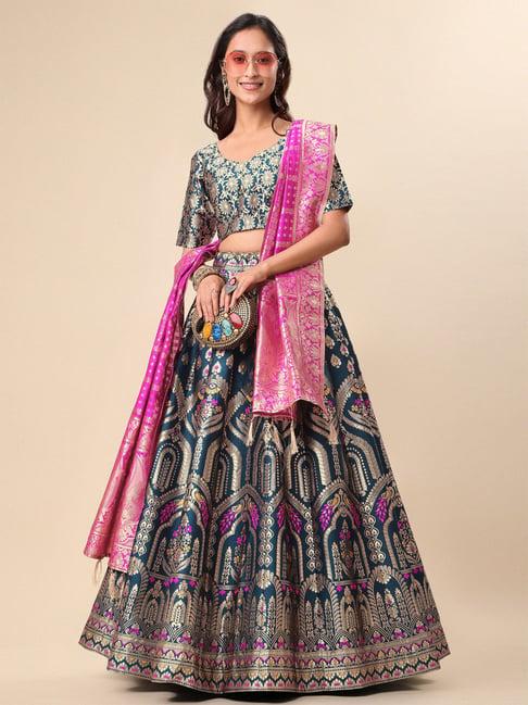 purvaja teal floral print stitched lehenga & unstitched blouse with dupatta