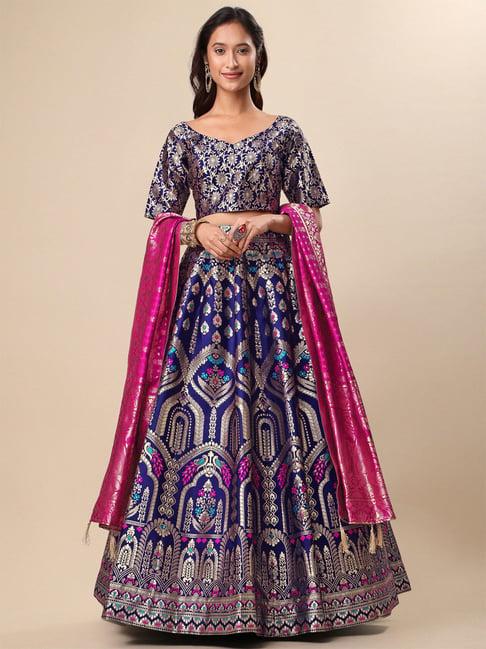 purvaja navy floral print stitched lehenga & unstitched blouse with dupatta