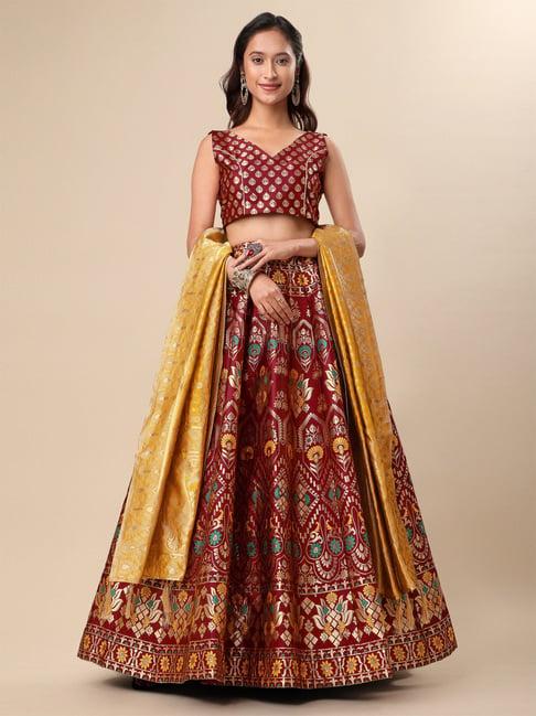 purvaja maroon floral print stitched lehenga & unstitched blouse with dupatta