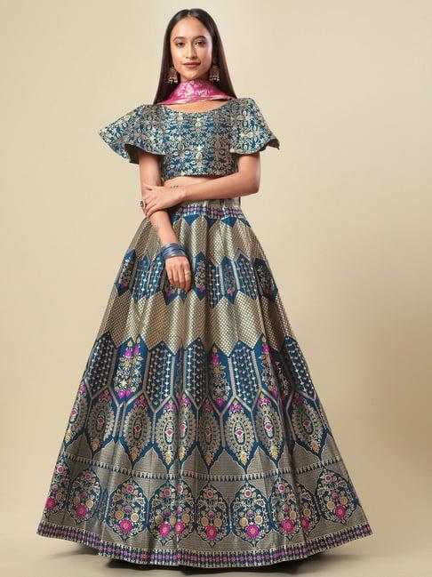 purvaja teal floral print stitched lehenga & unstitched blouse with dupatta