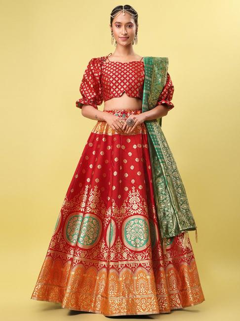 purvaja red floral print stitched lehenga & unstitched blouse with dupatta