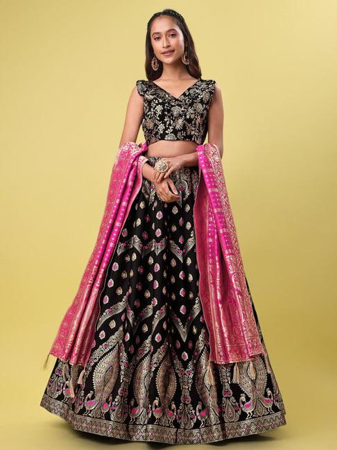 purvaja black & gold floral print stitched lehenga & unstitched blouse with dupatta